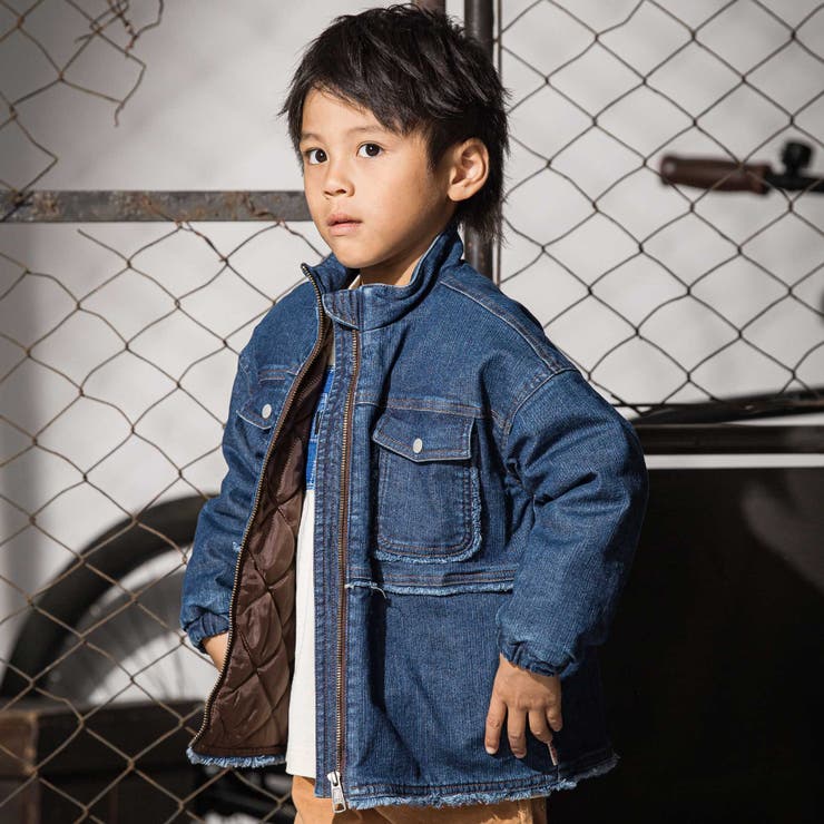 ネイビー | フリンジストレッチデニム中綿キルトジャケット(110~160cm) | WASK