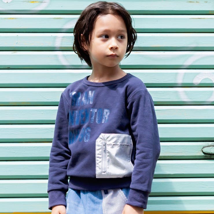 シルバー合皮ポケットロゴ裏起毛トレーナー(100~160cm) | WASK | 詳細画像1 