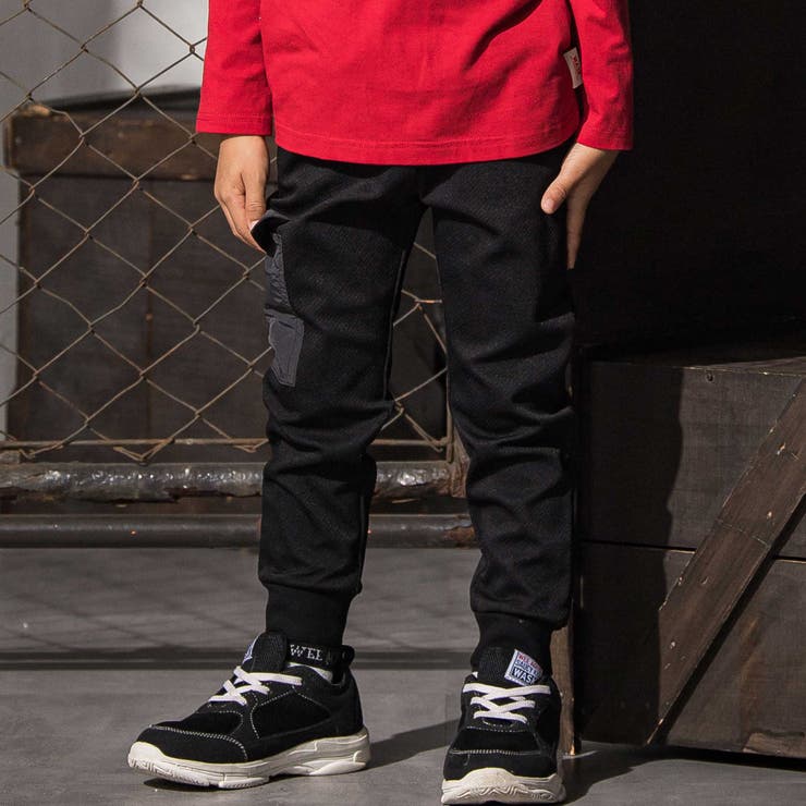 ブラック | ロゴ刺しゅうストレッチツイルジャガーパンツ(100~160cm) | WASK