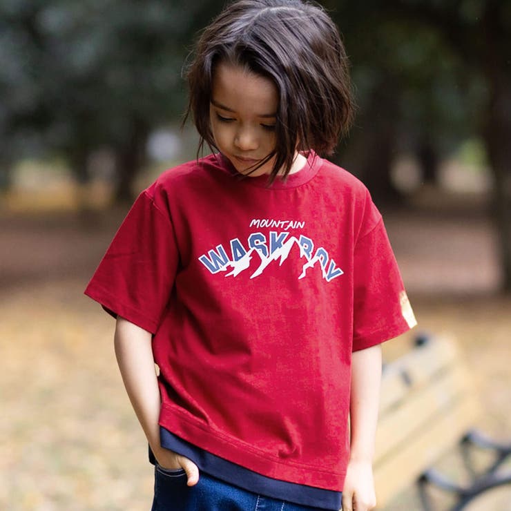 ボルドー | 【抗菌防臭】裾レイヤード風マウンテンロゴ天竺Tシャツ(100~160cm) | WASK