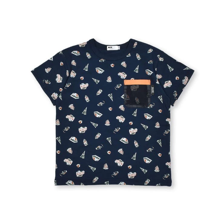 速乾】キャンプギア総柄メッシュポケット付き天竺Tシャツ(100