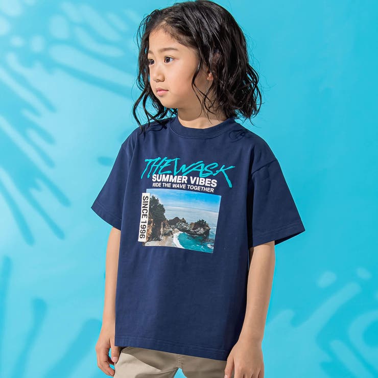 ネイビー | 【接触冷感】海フォトプリントロゴ天竺Tシャツ(100~160cm) | WASK