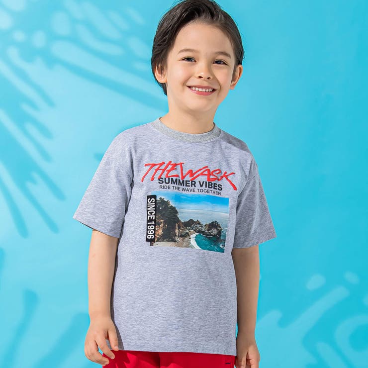 グレー | 【接触冷感】海フォトプリントロゴ天竺Tシャツ(100~160cm) | WASK