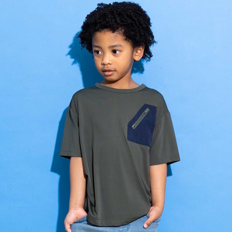 グリーン | 【接触冷感 速乾】【お揃い】ファスナーポケット配色速乾メッシュTシャツ(110~… | WASK