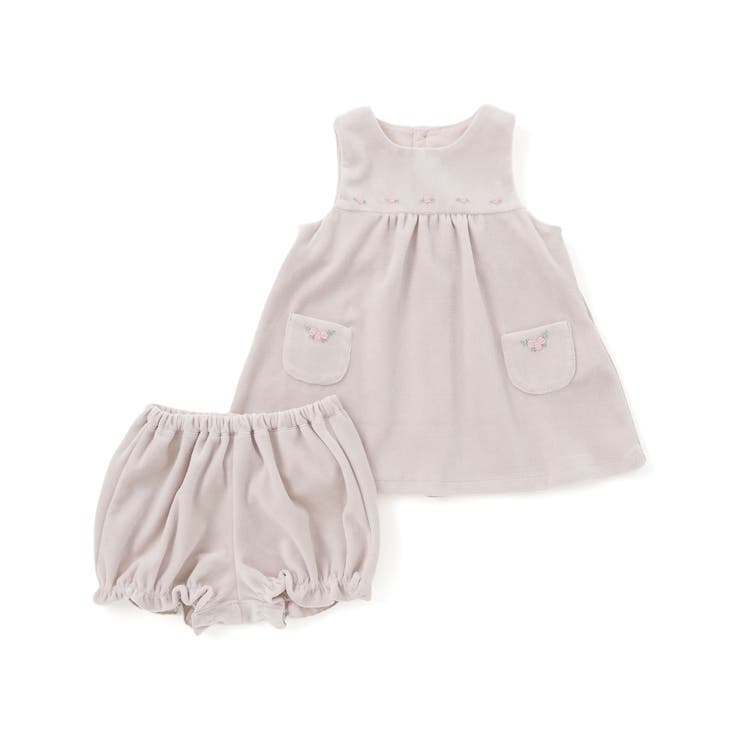 ベージュ | 【日本製】バラ刺しゅうベロアワンピースブルマ付きベビー(70-90cm) | Tartine et Chocolat