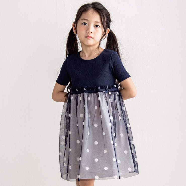 ネイビー系 | 【日本製】ベアテレコドットチュールニットワンピース(90~140cm) | Tartine et Chocolat