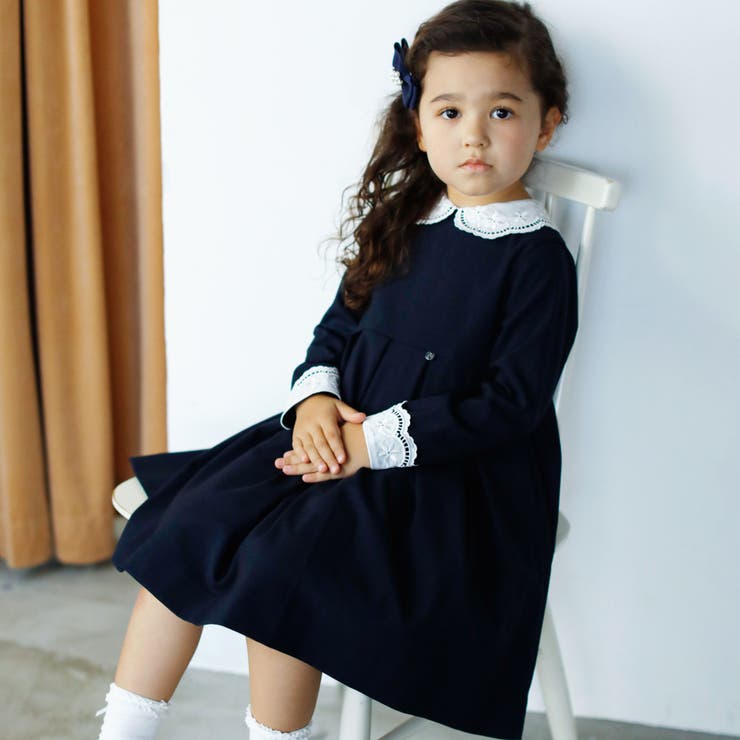 ネイビー | ドライウェザーストレッチ刺しゅう襟ワンピース(110~130cm) | Tartine et Chocolat