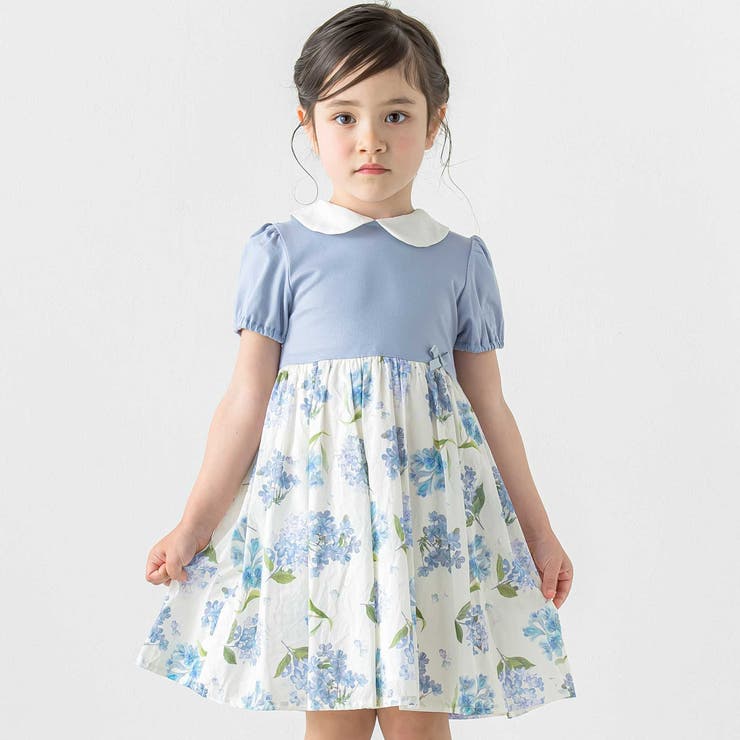 ブルー系 | リバティMARINA S MEADOW丸襟半袖切り替えワンピース | Tartine et Chocolat