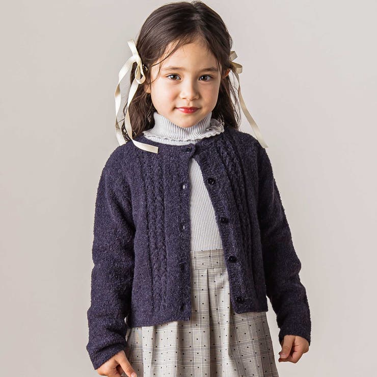 ネイビー | 【お揃い】フロント編地の前ボタン長袖カーディガン(100~140cm) | Tartine et Chocolat