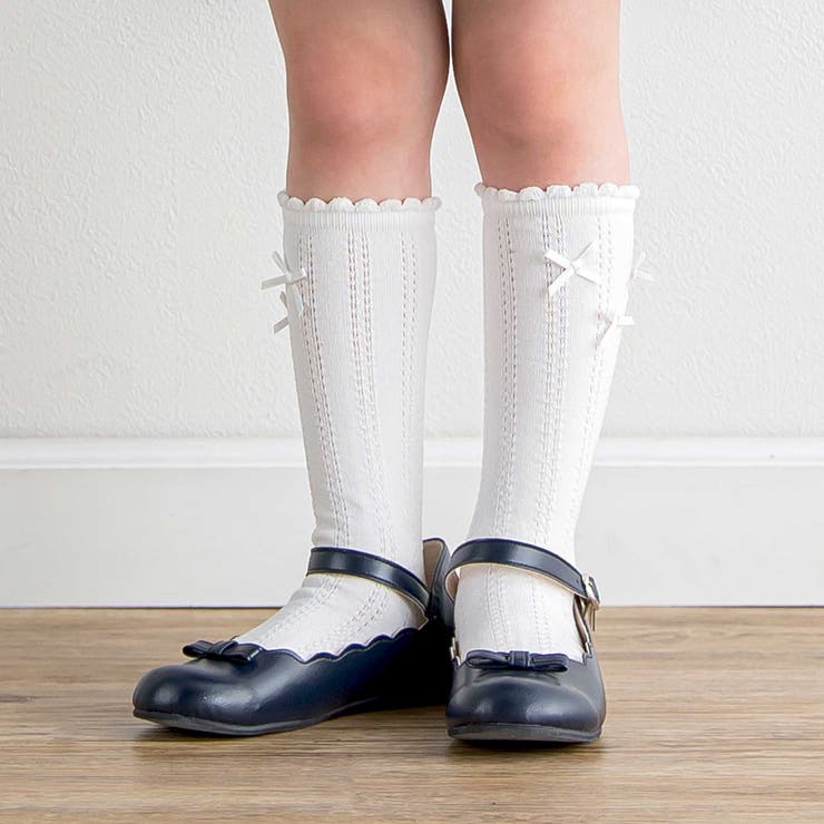 ホワイト | 【日本製】透かし編みリボン付きハイソックス(15~21cm) | Tartine et Chocolat