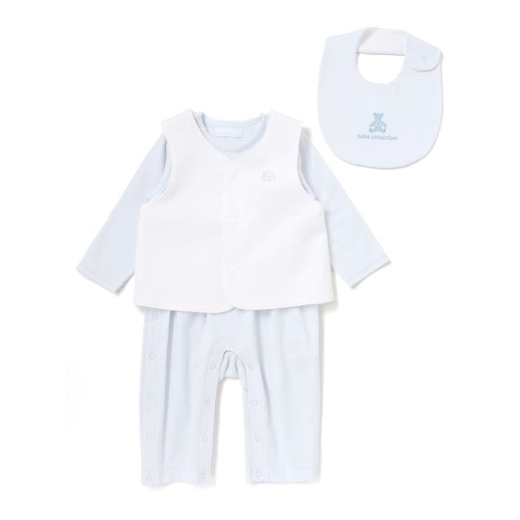 ブルー | 【日本製】スモッキングカバーオール＆ベスト＆スタイセット(70~80cm) | fillot de bébé réduction