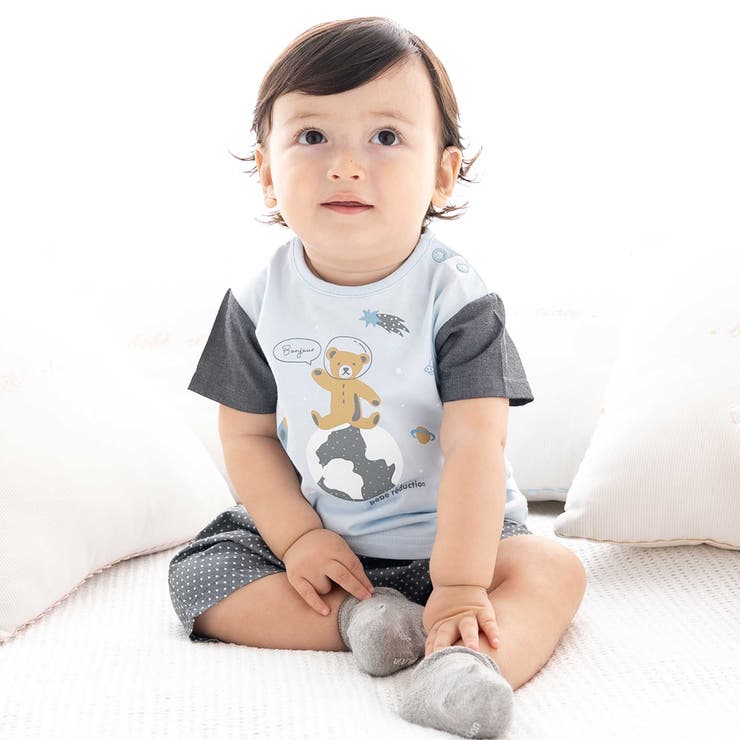 ブルー系 | 天竺半袖Tシャツ&ダンガリーパンツセット(70~90cm) | fillot de bébé réduction