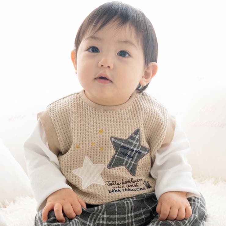【お揃い】ワッフル重ね着風星パッチワークトレーナー(70~90cm) | fillot de bébé réduction | 詳細画像1