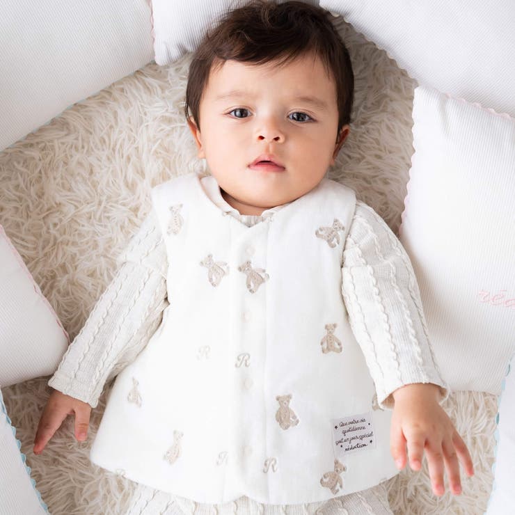 オフホワイト系 | マイクロフリースクマ刺しゅうリバーシブルベスト (60~90cm) | fillot de bébé réduction