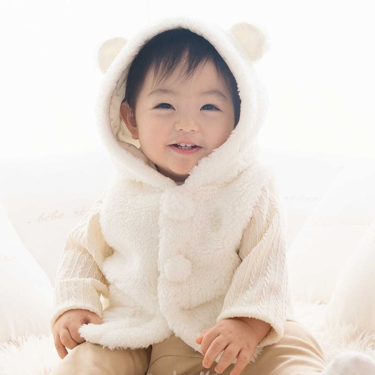 オフホワイト | 【お揃い】モコモコ耳付きフードフリースベスト(60~90cm) | fillot de bébé réduction