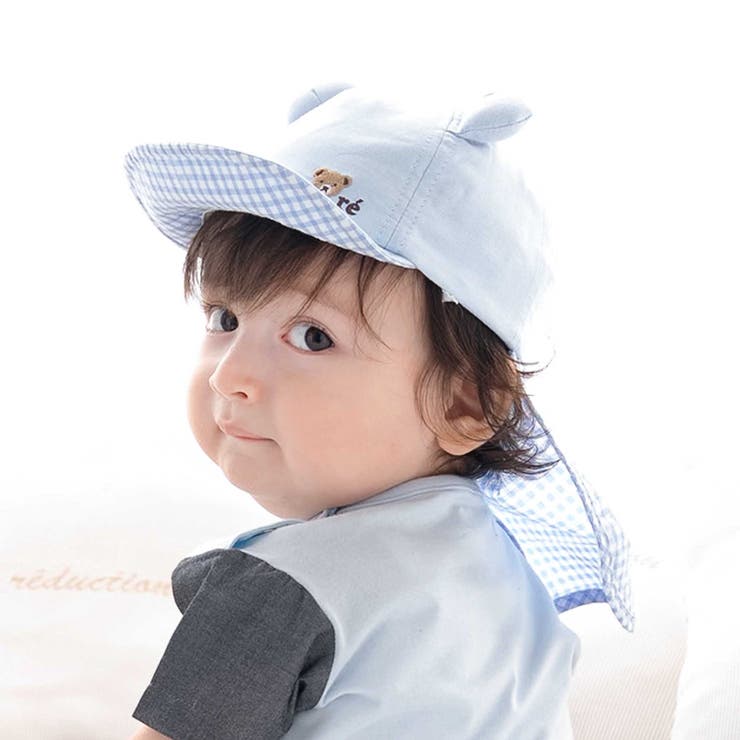 ブルー | 【 UVカット 】オックスくま耳日よけ付きキャップ(44~50cm) | fillot de bébé réduction