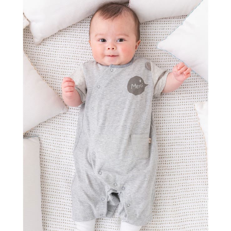 グレー系 | オーガニック 天竺 ボーダー クマ カバー オール (70~80cm) | fillot de bébé réduction