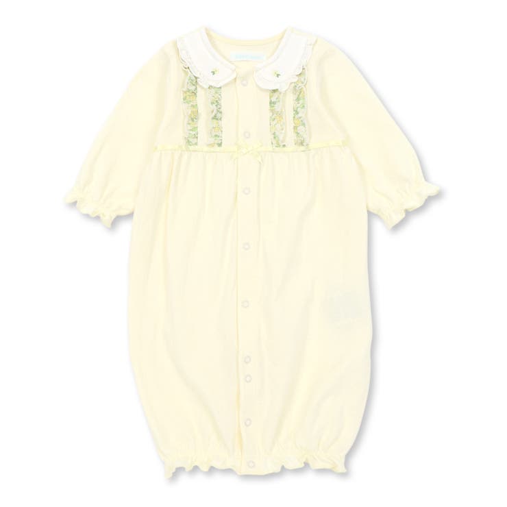 ミルキー様　140サイズ　新品BeBe 3点セット　春夏　フリル花がらシフォン ふんわりシフォンにミルクティーカラーレース 前開きベビー