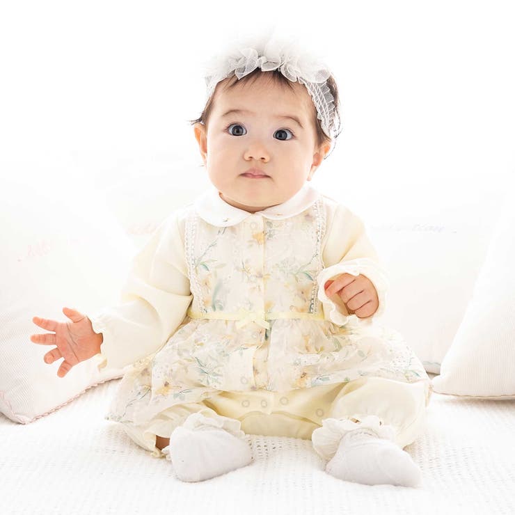 イエロー系 | 【お揃い】オーガンジー花柄プリントスカート付き長袖カバーオール(70~80cm) | fillot de bébé réduction