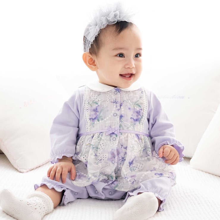 パープル系 | 【お揃い】オーガンジー花柄プリントスカート付き長袖カバーオール(70~80cm) | fillot de bébé réduction