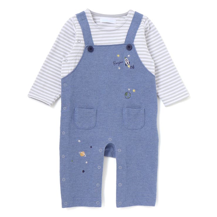 ネイビー系 | 【お揃い】ボーダーTシャツ重ね着風長袖ロンパース(70~80cm) | fillot de bébé réduction