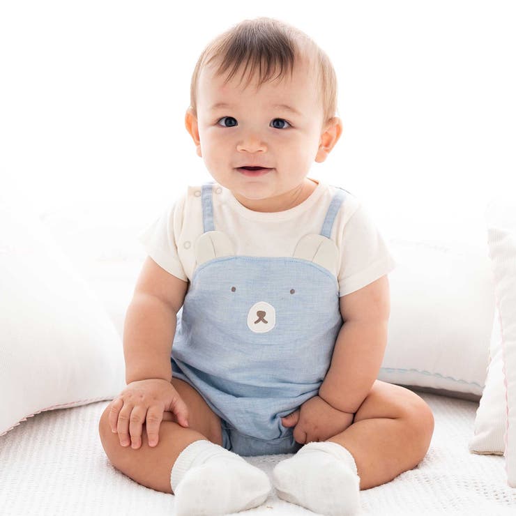 ブルー系 | オーガニックコットンクマパッチ半袖カバーオール(70~80cm) | fillot de bébé réduction