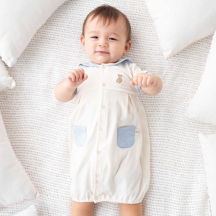 オフホワイト | オーガニックコットンクマパッチ半袖2WAYオール(50~75cm) | fillot de bébé réduction
