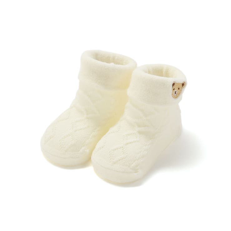 オフホワイト | 折り返しクマ刺しゅうソックス(8~13cm) | fillot de bébé réduction