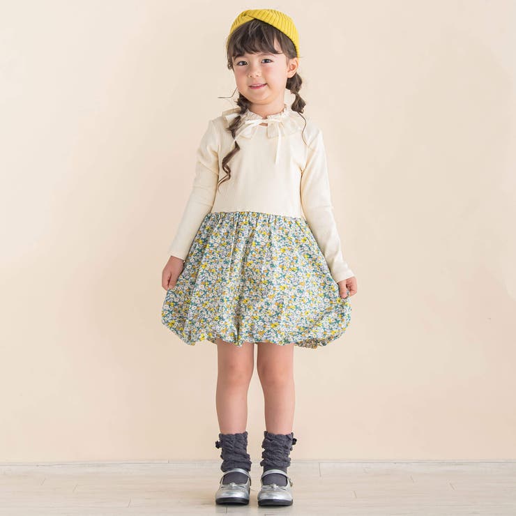 花柄ティベット付きバルーンドッキングワンピース(80~130cm