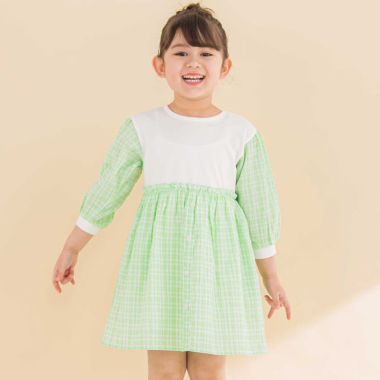 グリーン系 | 天竺ワッシャーチェックドッキングワンピース(80~130cm) | Noeil aime BeBe