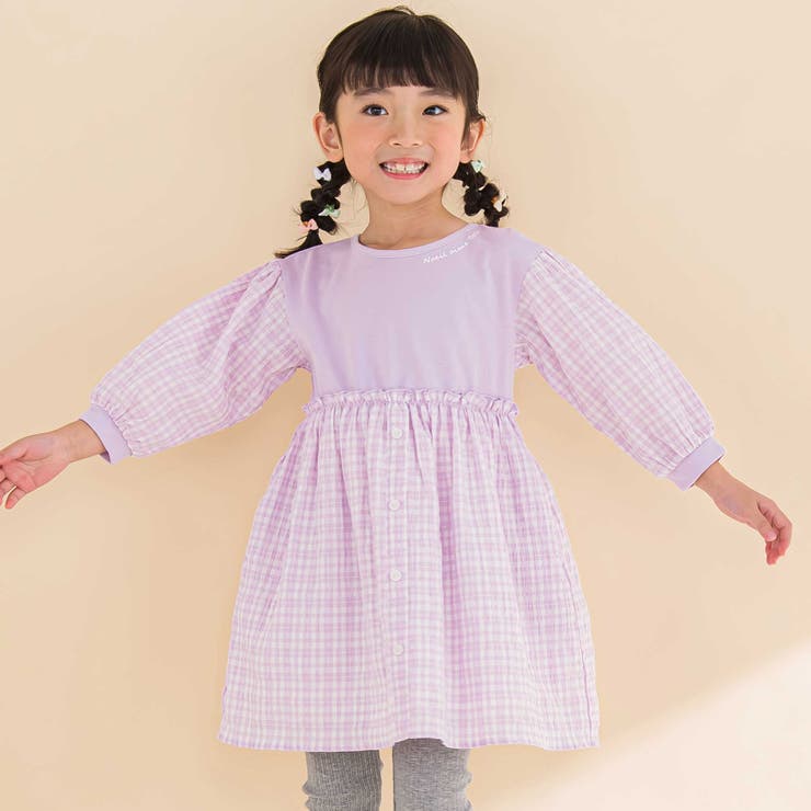 パープル系 | 天竺ワッシャーチェックドッキングワンピース(80~130cm) | Noeil aime BeBe
