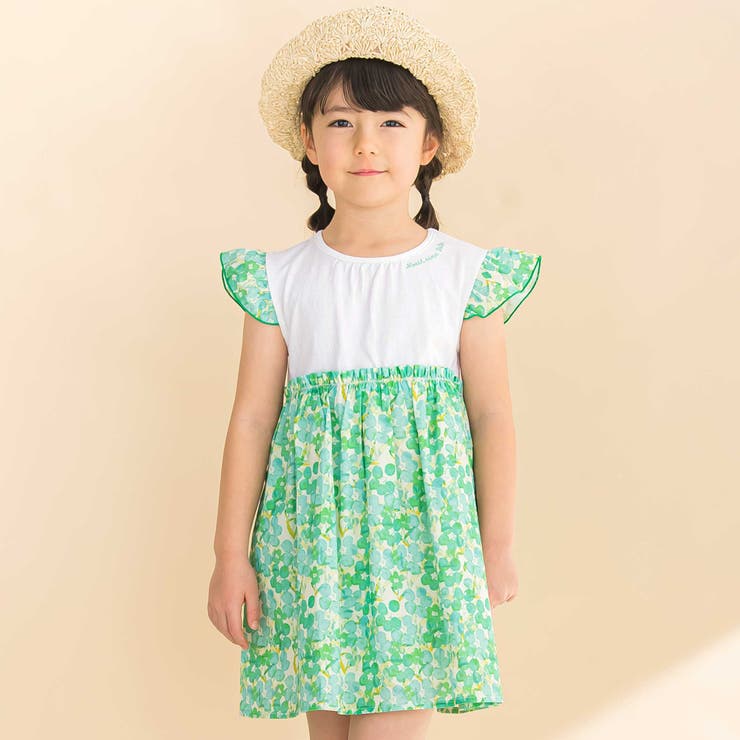 グリーン系 | 【お揃い】水彩花柄プリント天竺ドッキングワンピース(80~130cm) | Noeil aime BeBe