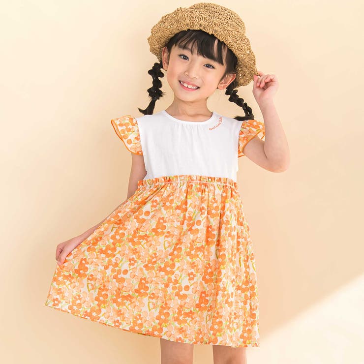オレンジ系 | 【お揃い】水彩花柄プリント天竺ドッキングワンピース(80~130cm) | Noeil aime BeBe