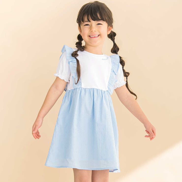 ブルー | 【お揃い】ドットドビーｘストレッチフライス肩フリルドッキングワンピース(80~1… | Noeil aime BeBe