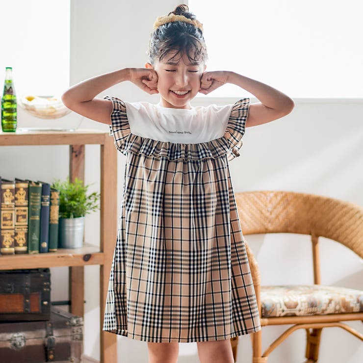 【お揃い】チェック柄ボーダー柄フリル付きワンピース(80~130cm) | Noeil aime BeBe | 詳細画像1 