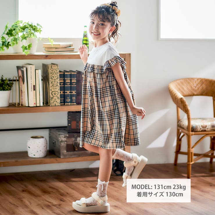 【お揃い】チェック柄ボーダー柄フリル付きワンピース(80~130cm) | Noeil aime BeBe | 詳細画像2 