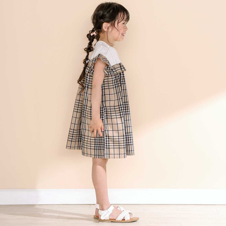 【お揃い】チェック柄ボーダー柄フリル付きワンピース(80~130cm) | Noeil aime BeBe | 詳細画像9 