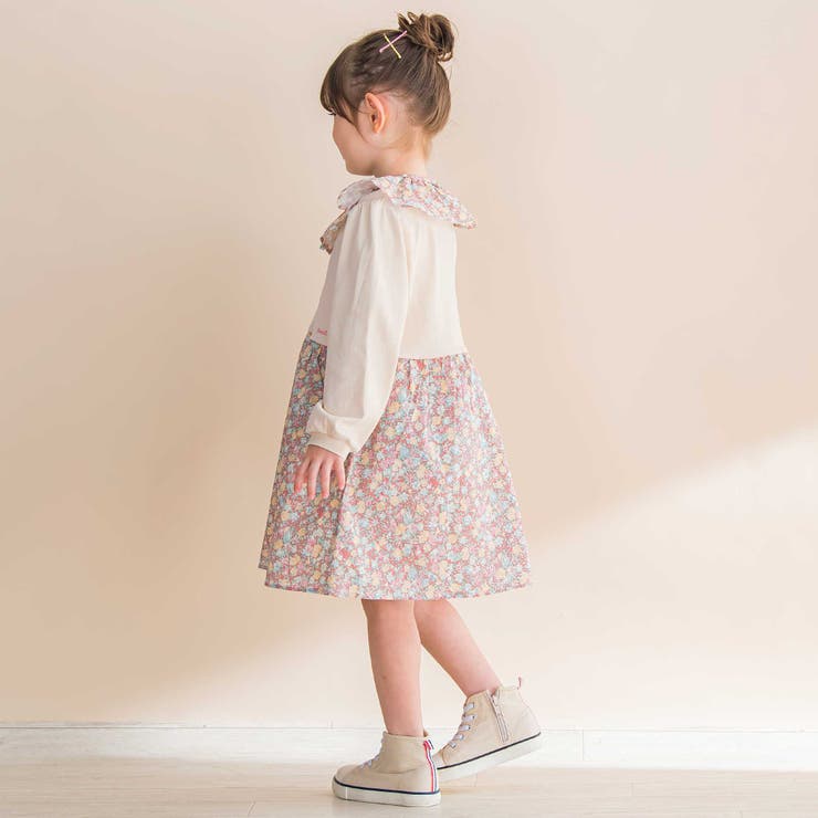 【お揃い】花柄付け襟＋花柄切り替えスムース長袖ワンピース(80~130cm) | Noeil aime BeBe | 詳細画像7 
