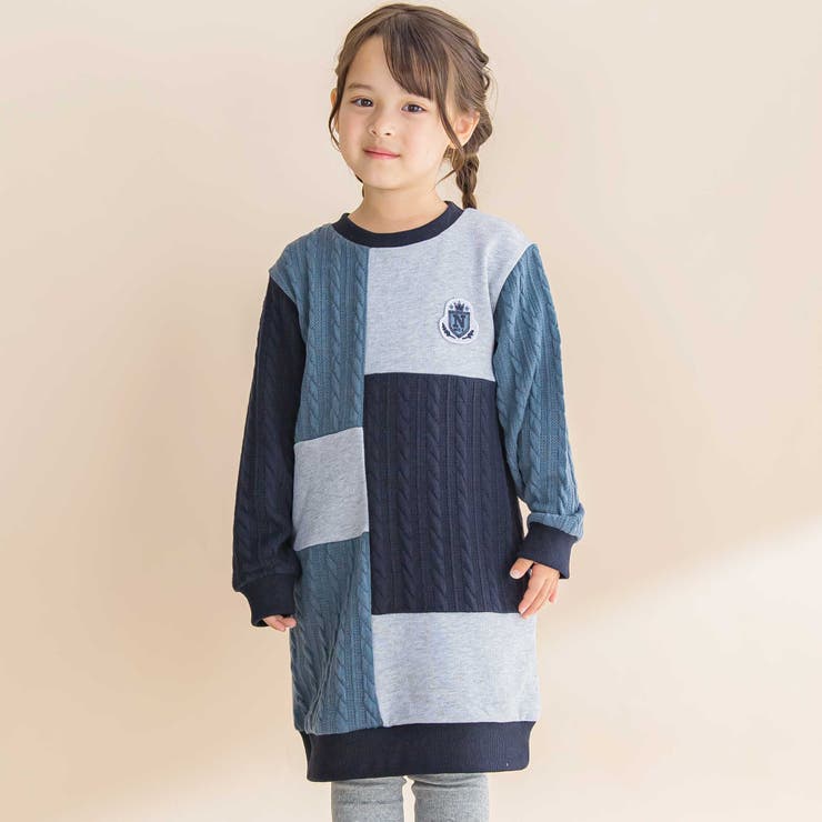 ネイビー系 | 飛び裏毛ｘケーブルJQニットブロック切り替えワンピース | Noeil aime BeBe