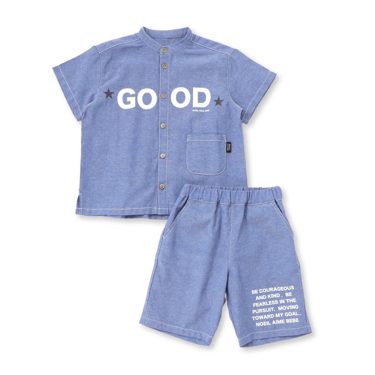 ブルー | 【お揃い】リップストップ ダンガリー半袖シャツ+パンツセットアップ(90~130… | Noeil aime BeBe