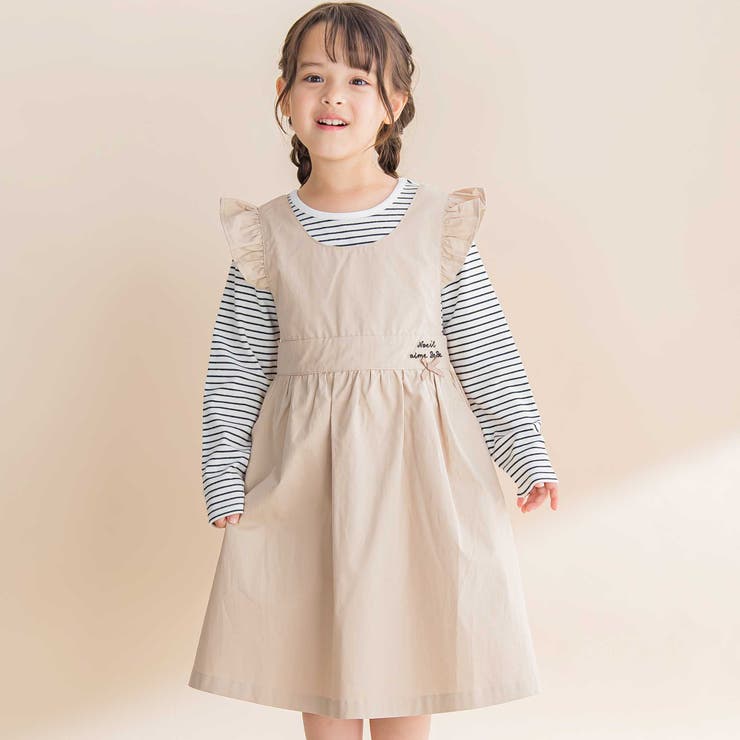 ツイル肩フリルジャンパースカート＋ボーダー長袖Tシャツセット | Noeil aime BeBe | 詳細画像1 