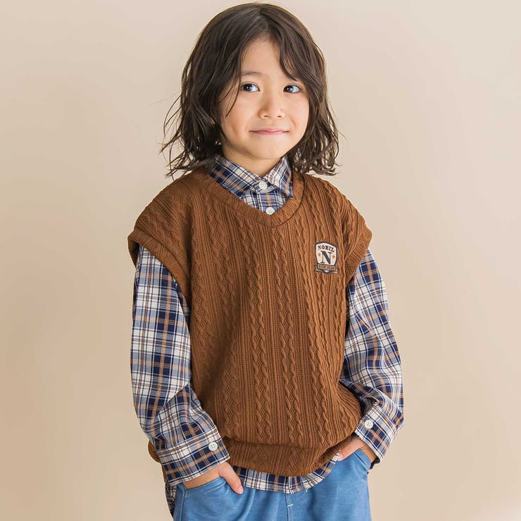 【お揃い】タータンチェックシャツ＋ケーブルジャガードベストセット(90~130c… | Noeil aime BeBe | 詳細画像1 