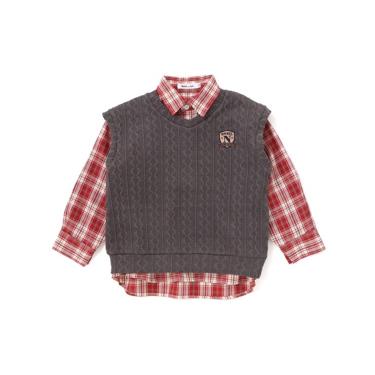 レッド系 | 【お揃い】タータンチェックシャツ＋ケーブルジャガードベストセット(90~130c… | Noeil aime BeBe