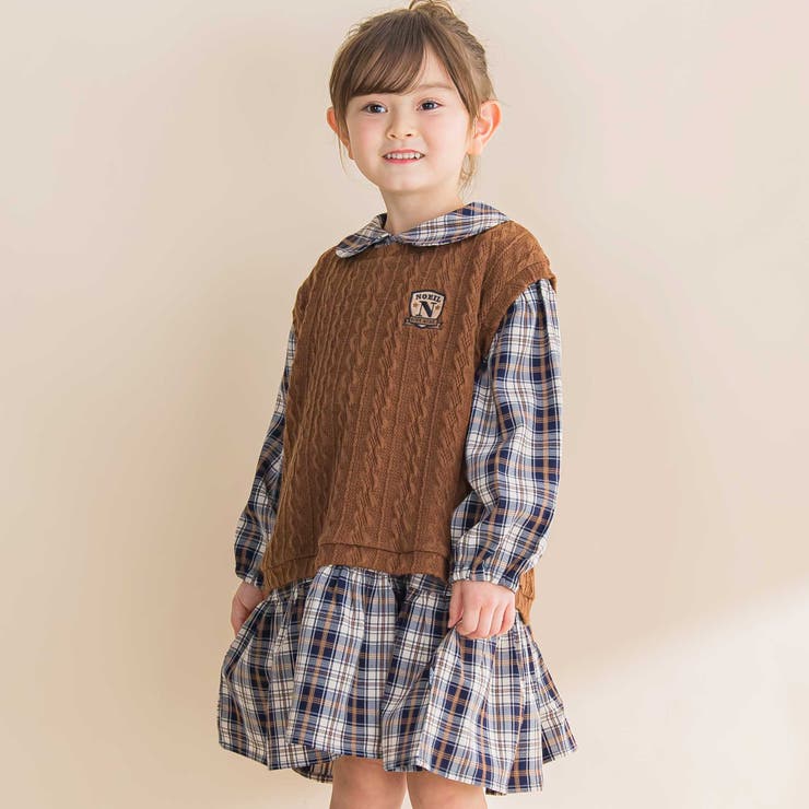 タータンチェックワンピース＋ケーブルジャガードベストセット | Noeil aime BeBe | 詳細画像1 