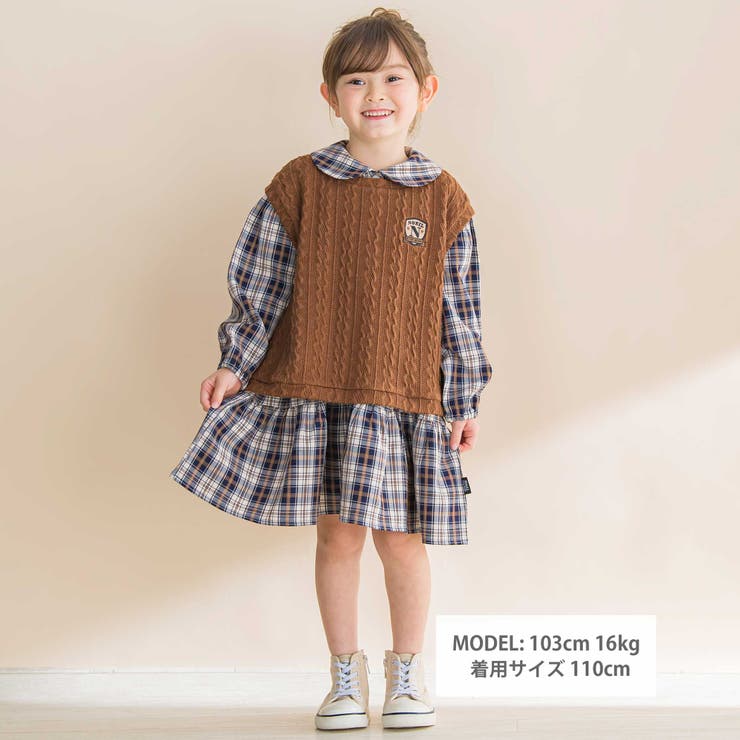 タータンチェックワンピース＋ケーブルジャガードベストセット | Noeil aime BeBe | 詳細画像2 