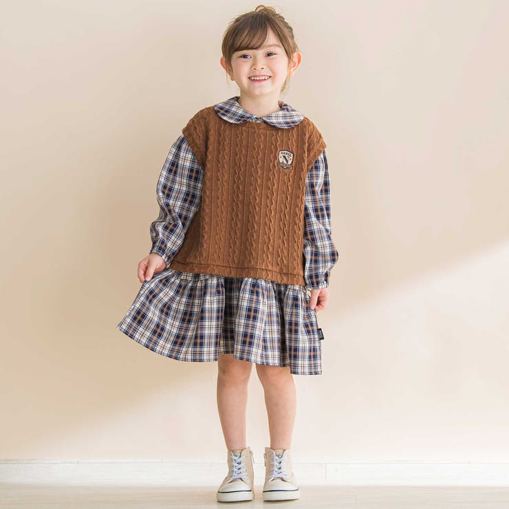 タータンチェックワンピース＋ケーブルジャガードベストセット | Noeil aime BeBe | 詳細画像3 