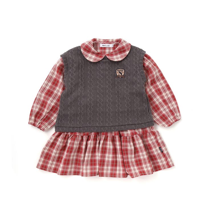 レッド系 | タータンチェックワンピース＋ケーブルジャガードベストセット | Noeil aime BeBe