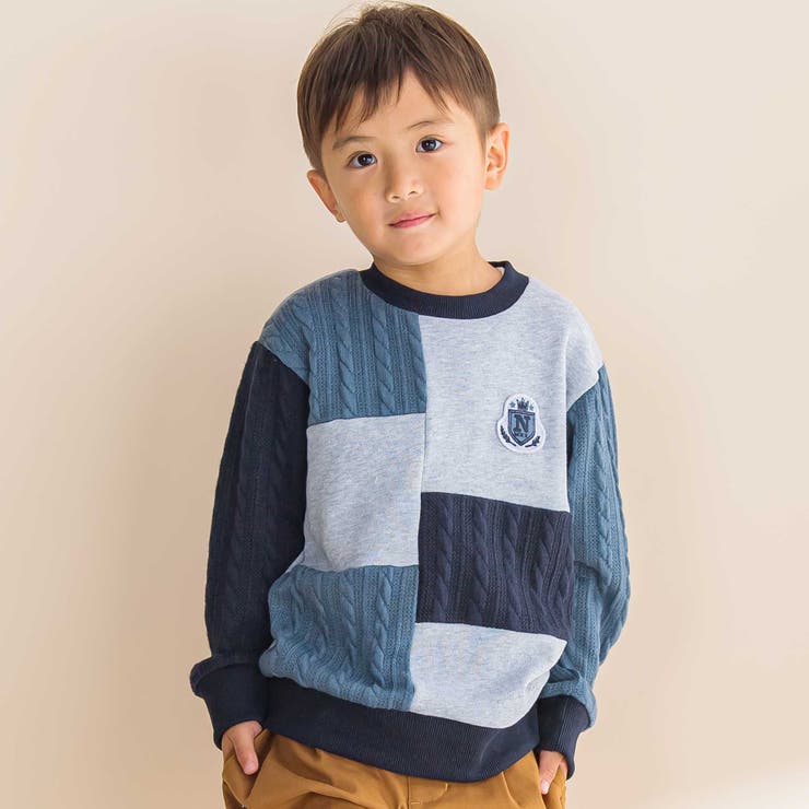 ネイビー系 | 飛び裏毛ｘケーブルJQニットブロック切り替えトレーナー | Noeil aime BeBe