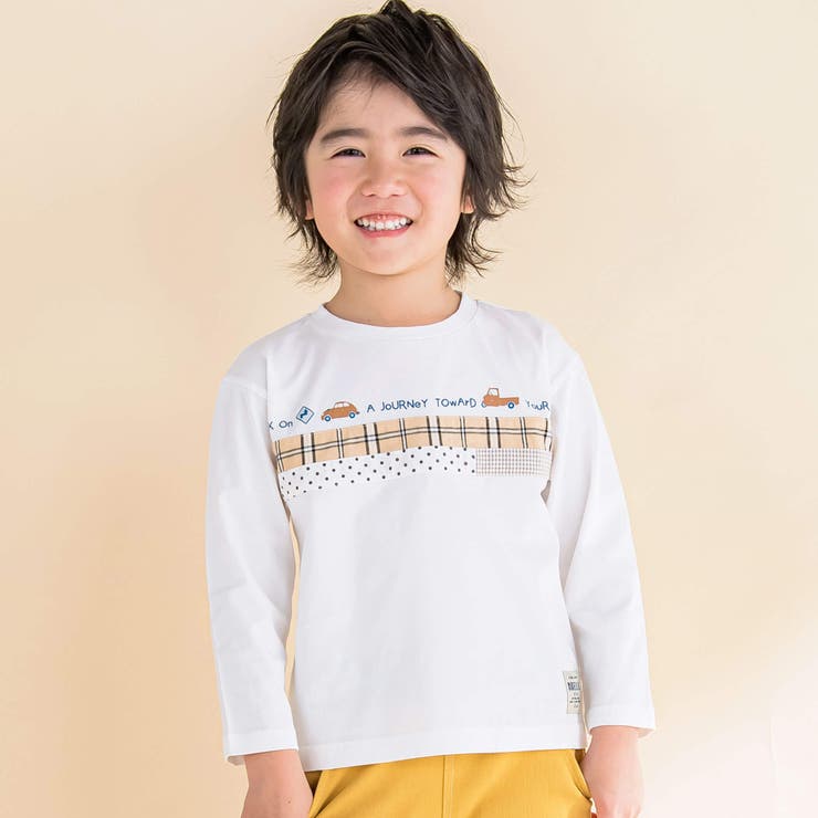 お揃い】チェックドット胸切り替えTシャツ(80~130cm)[品番