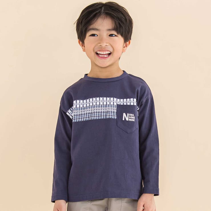 【お揃い】天竺ギンガムJQ切り替えTシャツ(80~130cm) | Noeil aime BeBe | 詳細画像1 